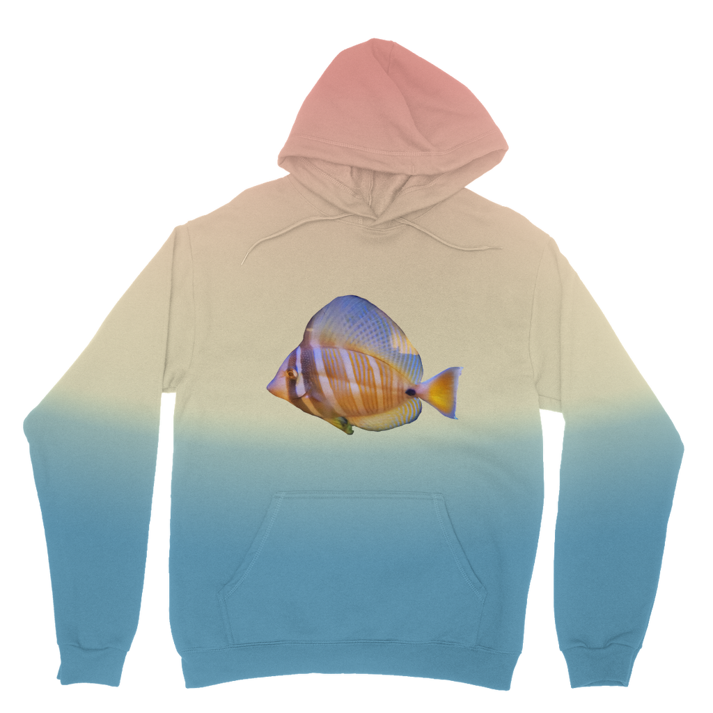 A vibrant tie dye hoodie featuring a unique colored fish design, showcasing a double fabric hood and kangaroo pouch pocket.