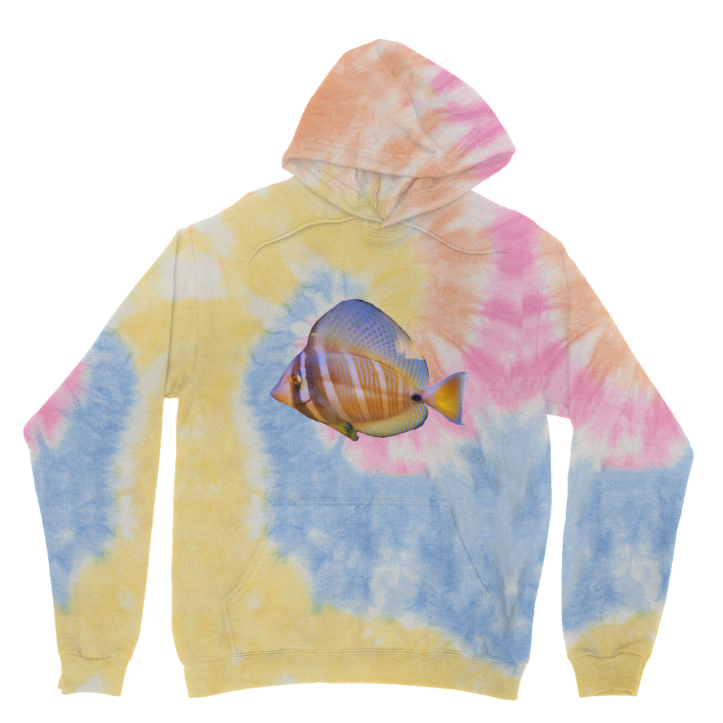 A vibrant tie dye hoodie featuring a unique colored fish design, showcasing a double fabric hood and kangaroo pouch pocket.