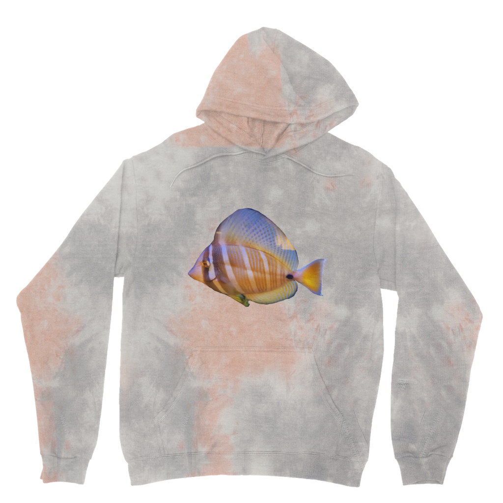 A vibrant tie dye hoodie featuring a unique colored fish design, showcasing a double fabric hood and kangaroo pouch pocket.