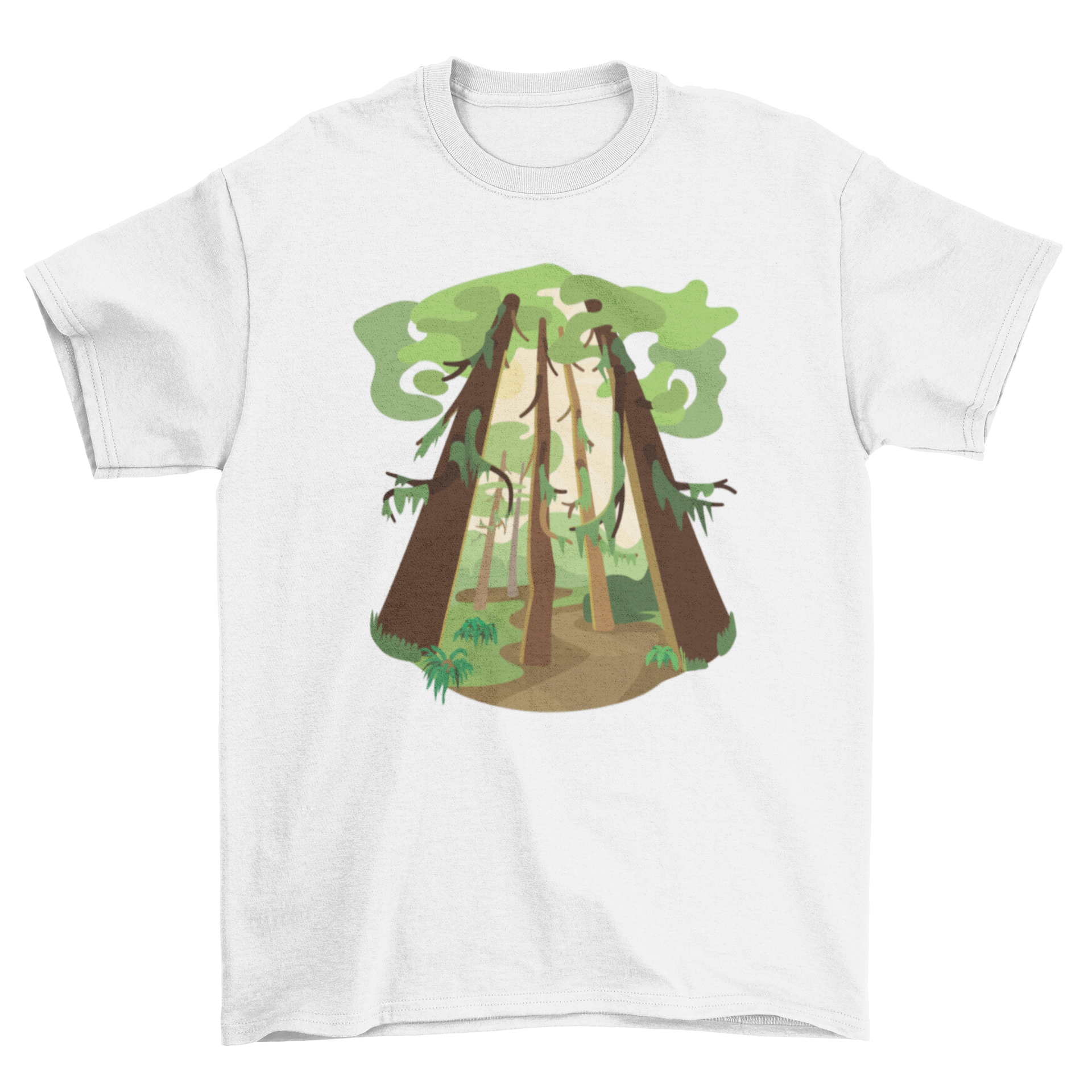 A vibrant t-shirt featuring a detailed illustration of a lush rainforest, showcasing rich greens and intricate designs.