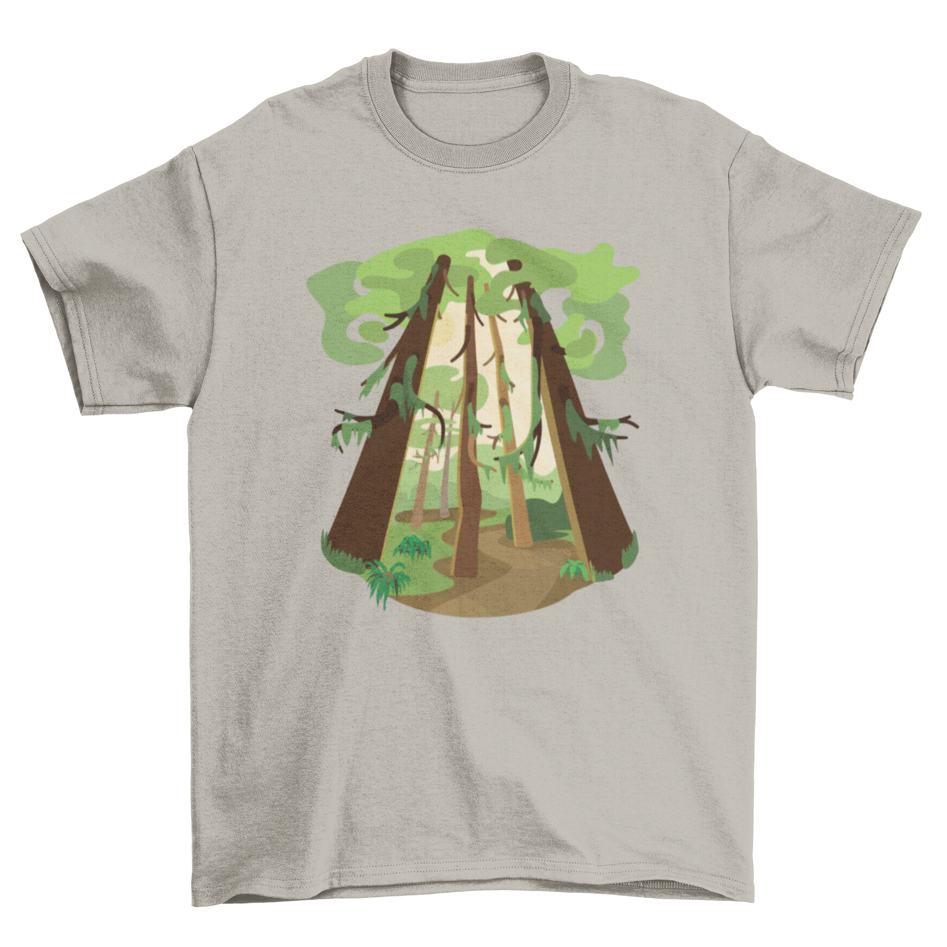 A vibrant t-shirt featuring a detailed illustration of a lush rainforest, showcasing rich greens and intricate designs.