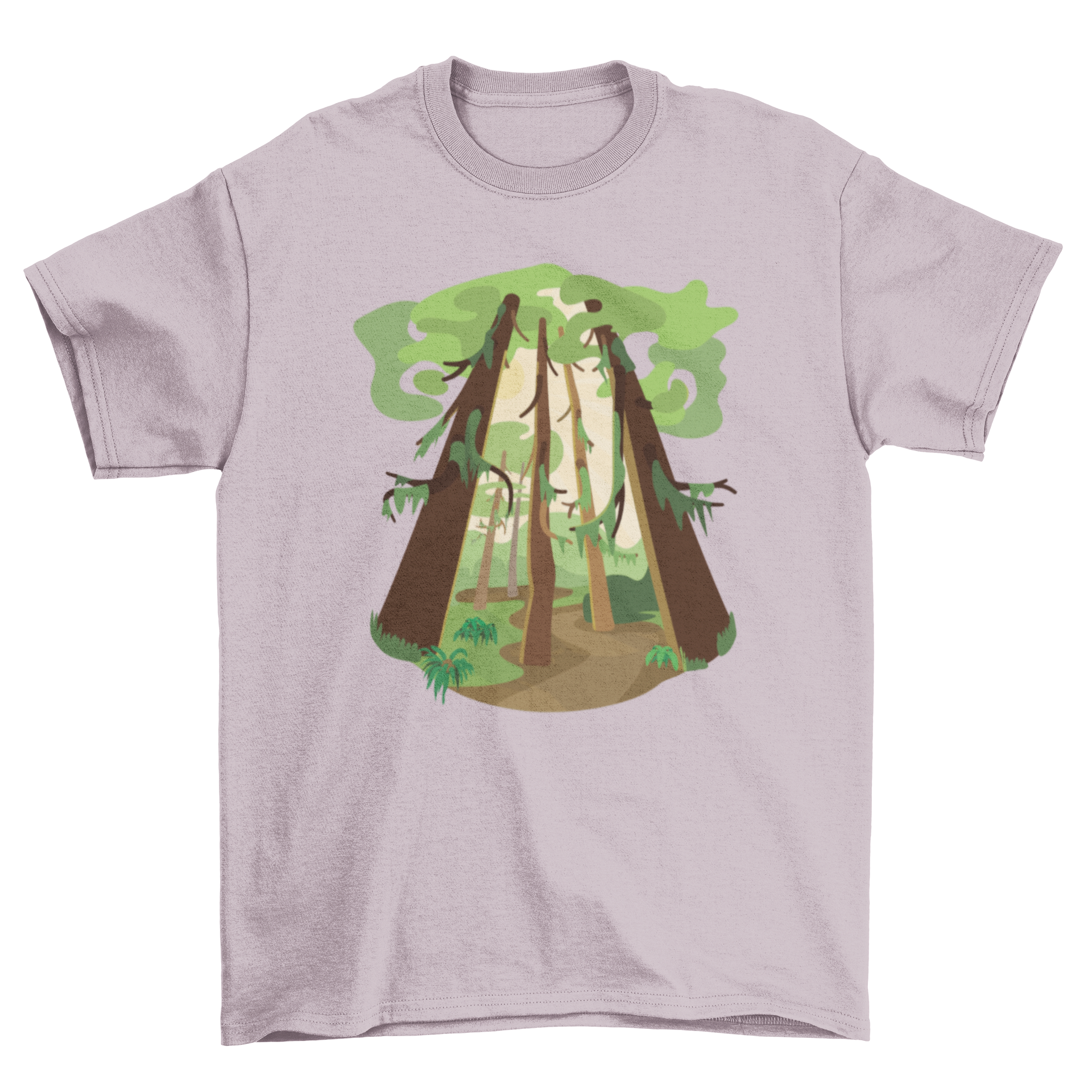 A vibrant t-shirt featuring a detailed illustration of a lush rainforest, showcasing rich greens and intricate designs.