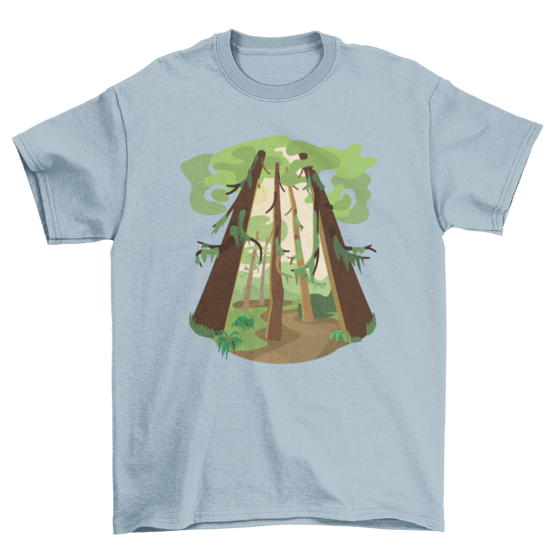 A vibrant t-shirt featuring a detailed illustration of a lush rainforest, showcasing rich greens and intricate designs.