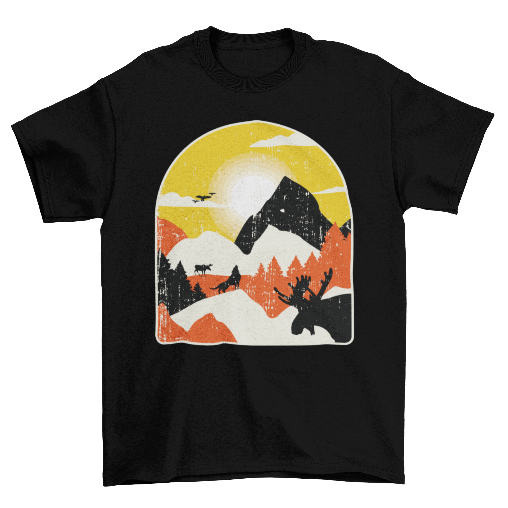 A stylish t-shirt featuring a beautiful mountain landscape with animal silhouettes, perfect for nature lovers.