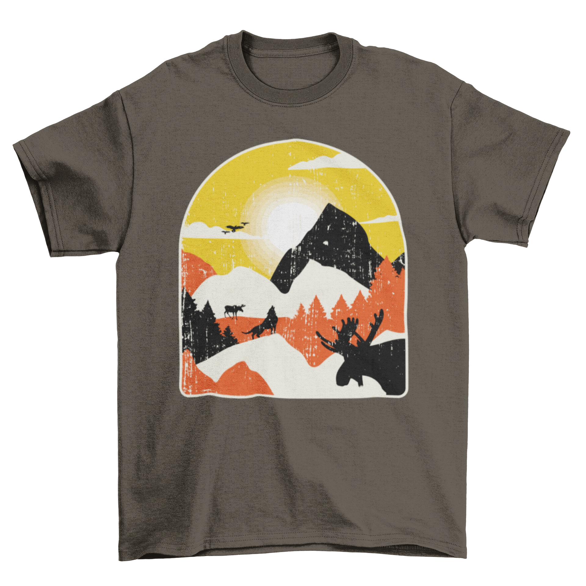 A stylish t-shirt featuring a beautiful mountain landscape with animal silhouettes, perfect for nature lovers.