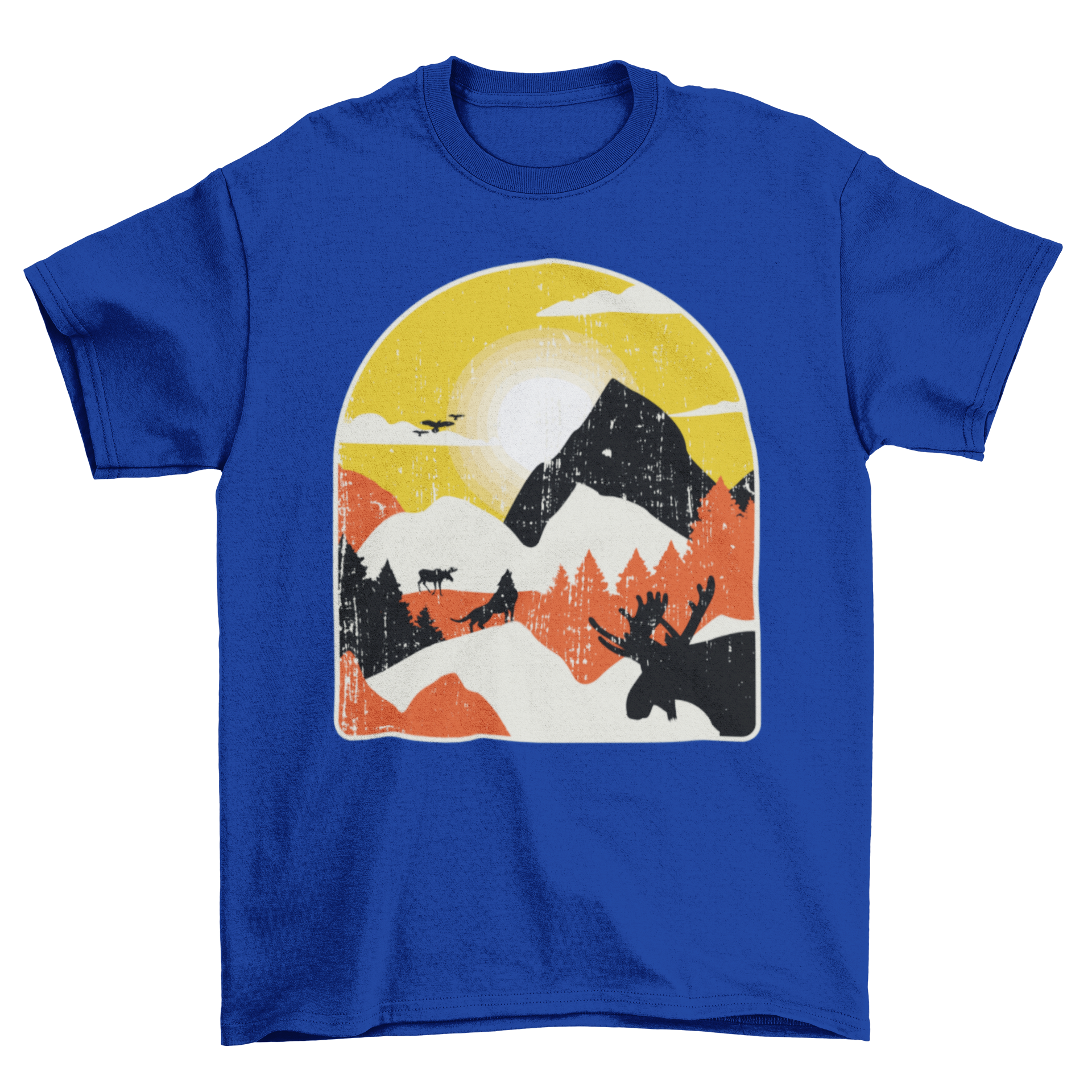 A stylish t-shirt featuring a beautiful mountain landscape with animal silhouettes, perfect for nature lovers.