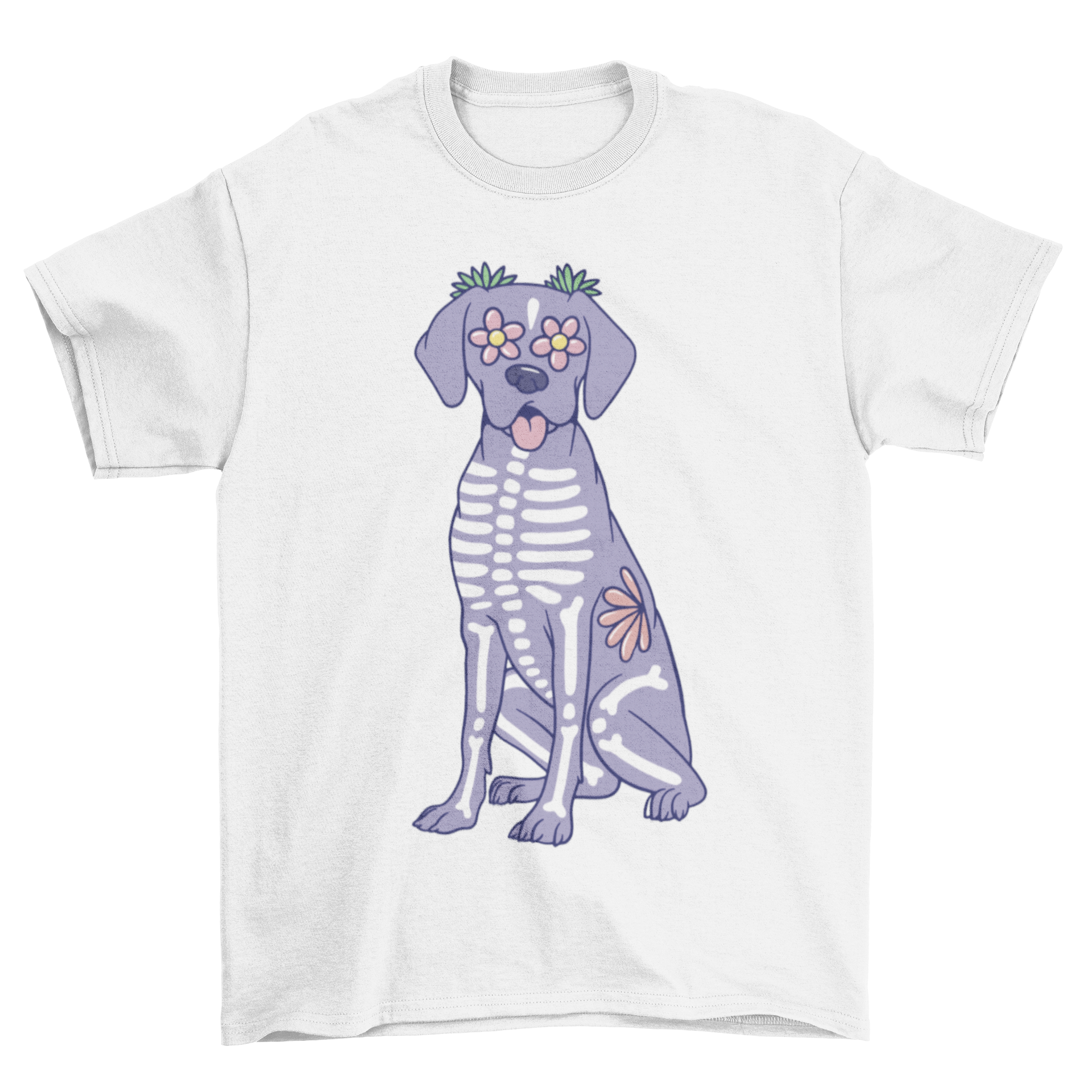 A stylish t-shirt featuring a cute skeleton dog design with bones and flowers, perfect for dog lovers.