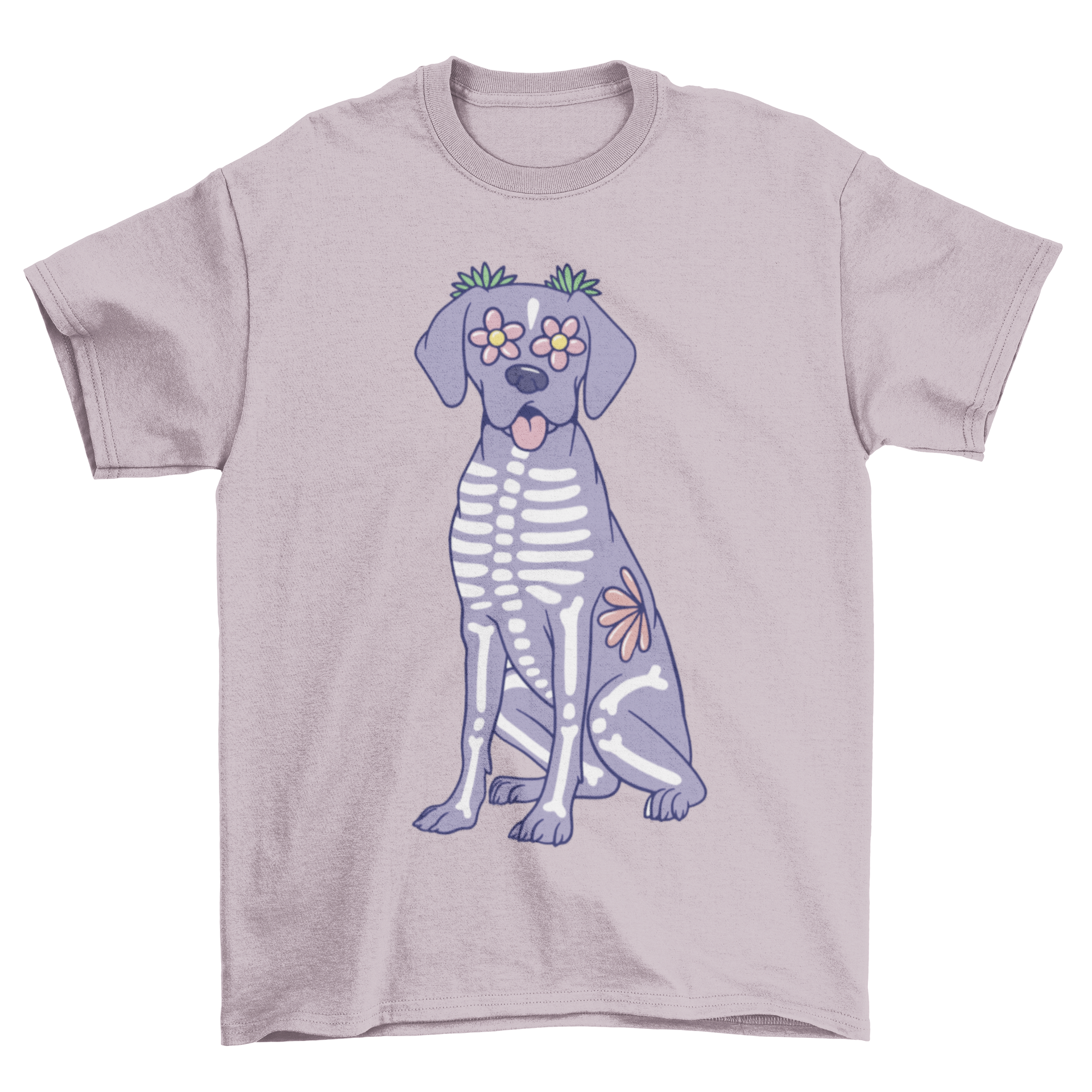 A stylish t-shirt featuring a cute skeleton dog design with bones and flowers, perfect for dog lovers.