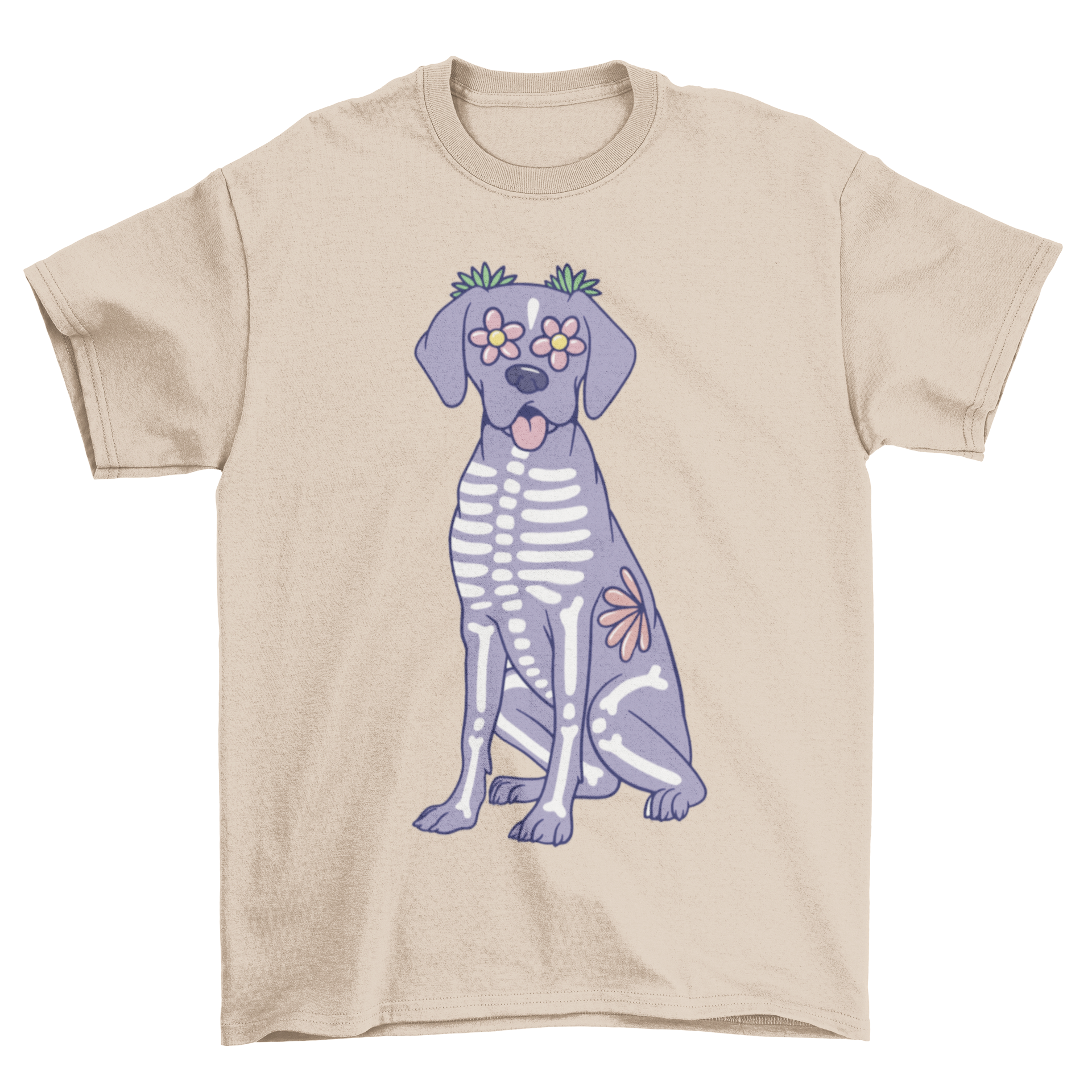 A stylish t-shirt featuring a cute skeleton dog design with bones and flowers, perfect for dog lovers.