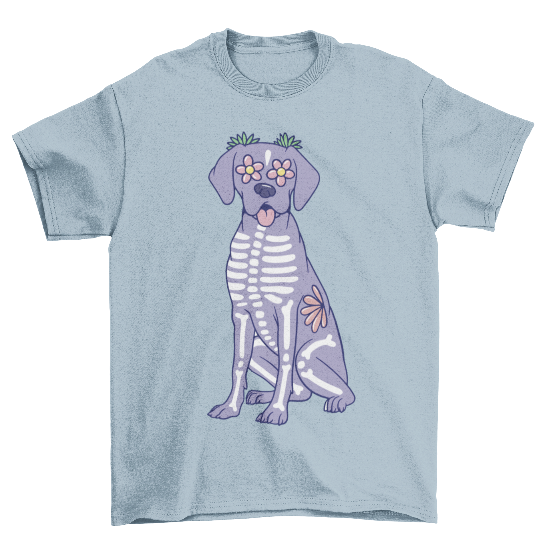 A stylish t-shirt featuring a cute skeleton dog design with bones and flowers, perfect for dog lovers.