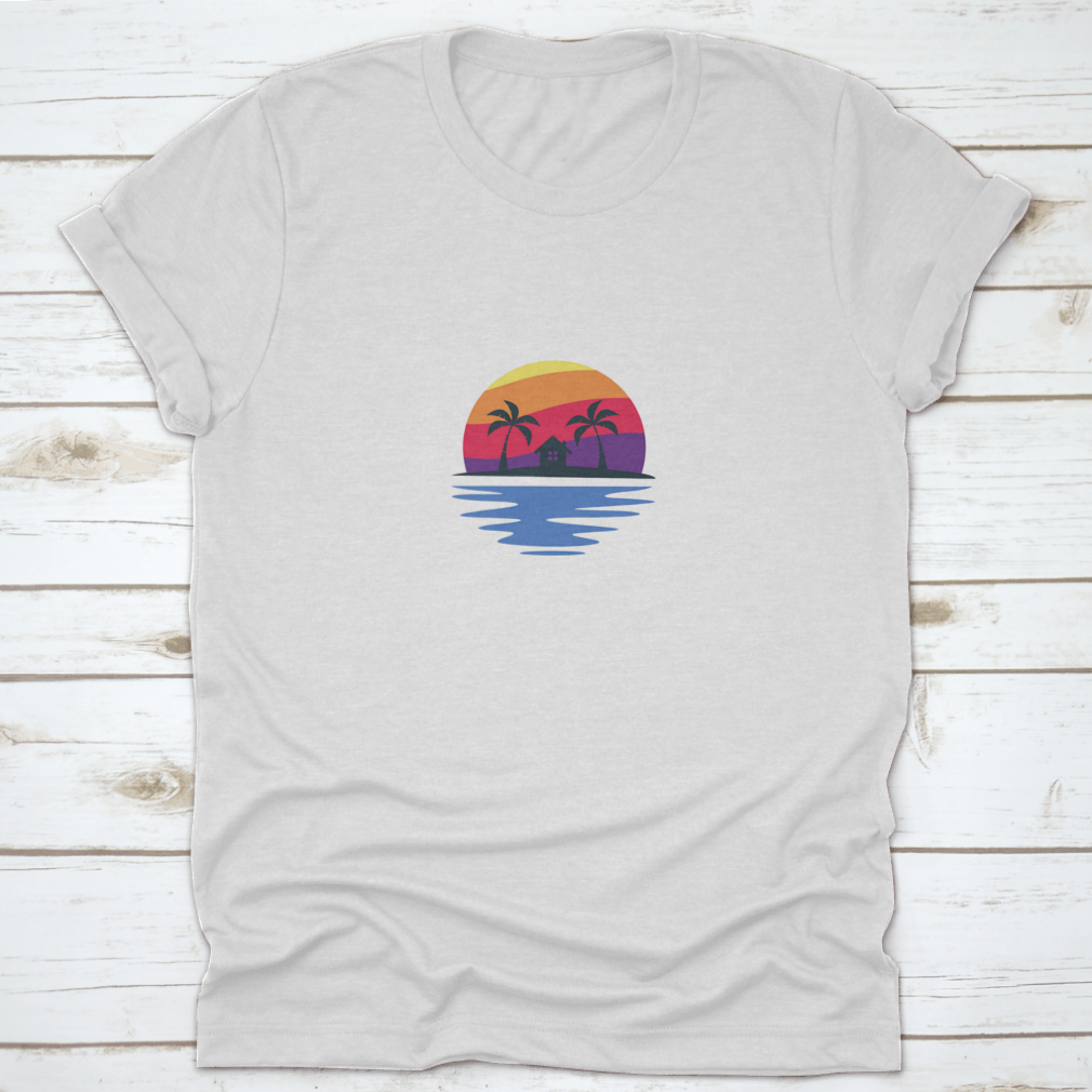 A stylish t-shirt featuring a beautiful sunset design, made from 100% cotton, showcasing its classic fit and midweight fabric.