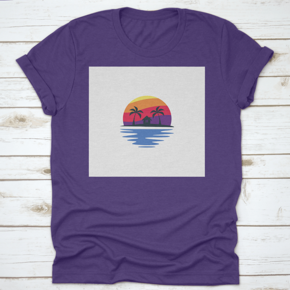 A stylish t-shirt featuring a beautiful sunset design, made from 100% cotton, showcasing its classic fit and midweight fabric.