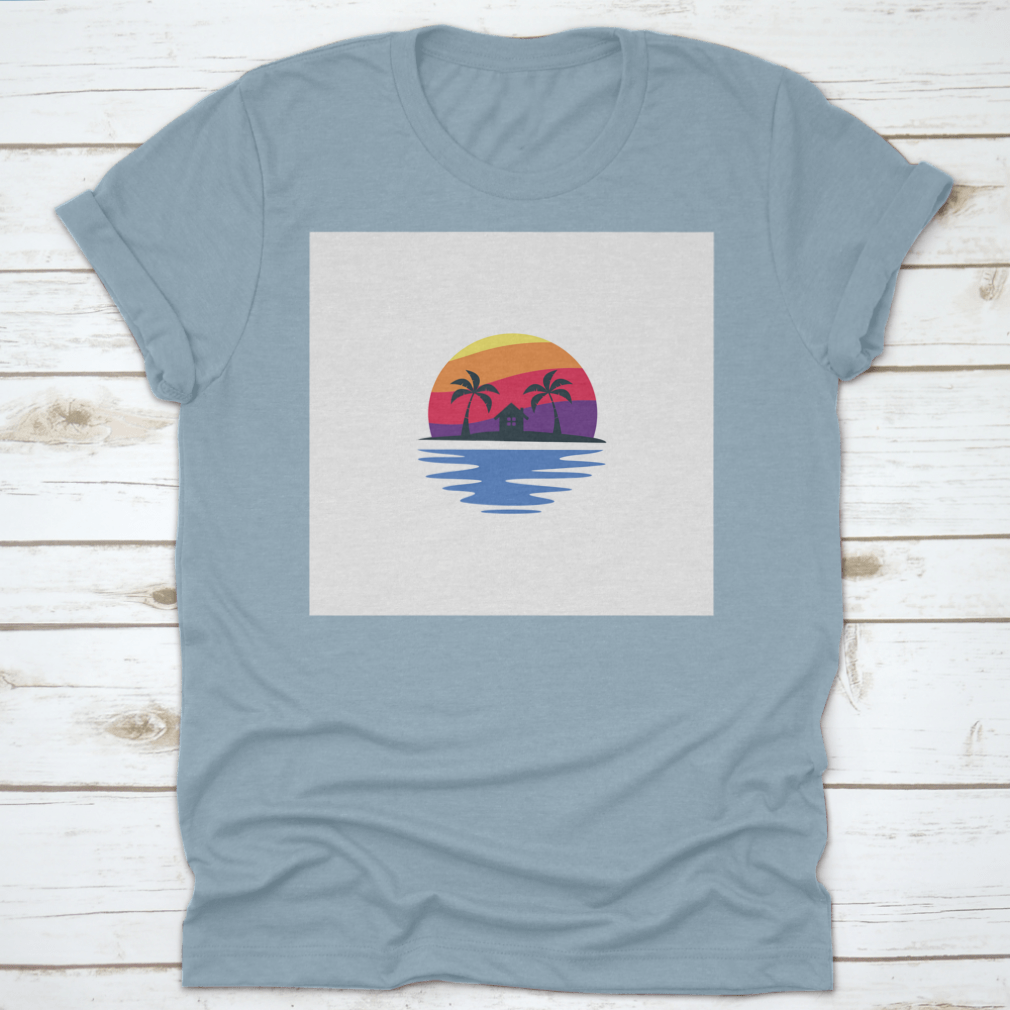 A stylish t-shirt featuring a beautiful sunset design, made from 100% cotton, showcasing its classic fit and midweight fabric.