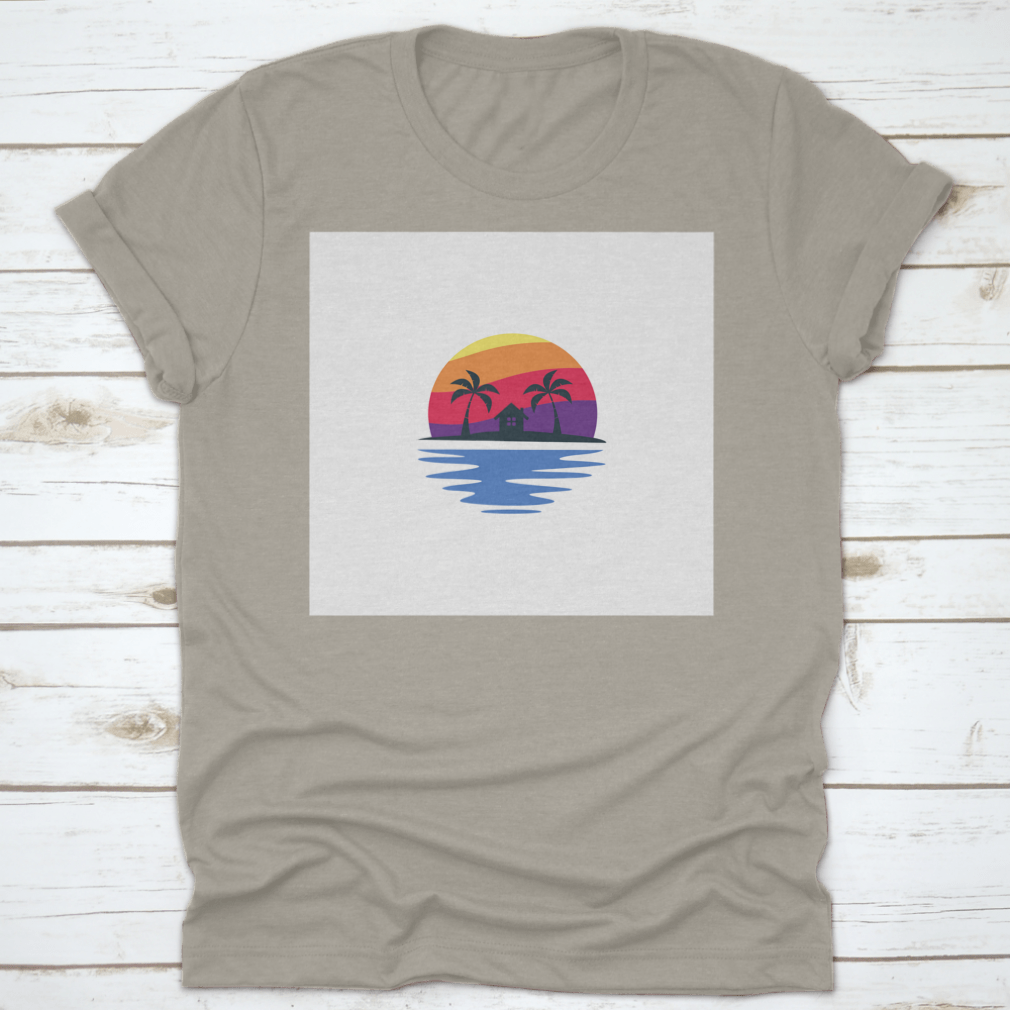 A stylish t-shirt featuring a beautiful sunset design, made from 100% cotton, showcasing its classic fit and midweight fabric.