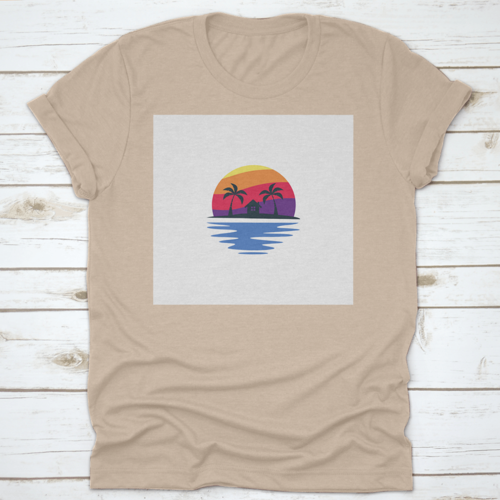 A stylish t-shirt featuring a beautiful sunset design, made from 100% cotton, showcasing its classic fit and midweight fabric.