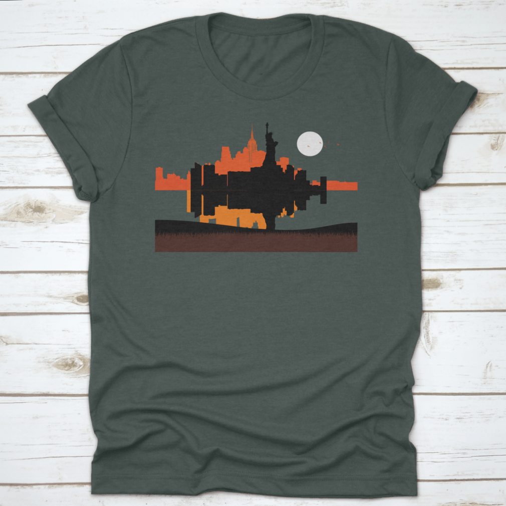 A stylish t-shirt featuring a beautiful sunset design of the Statue of Liberty with New York City skyline in the background.