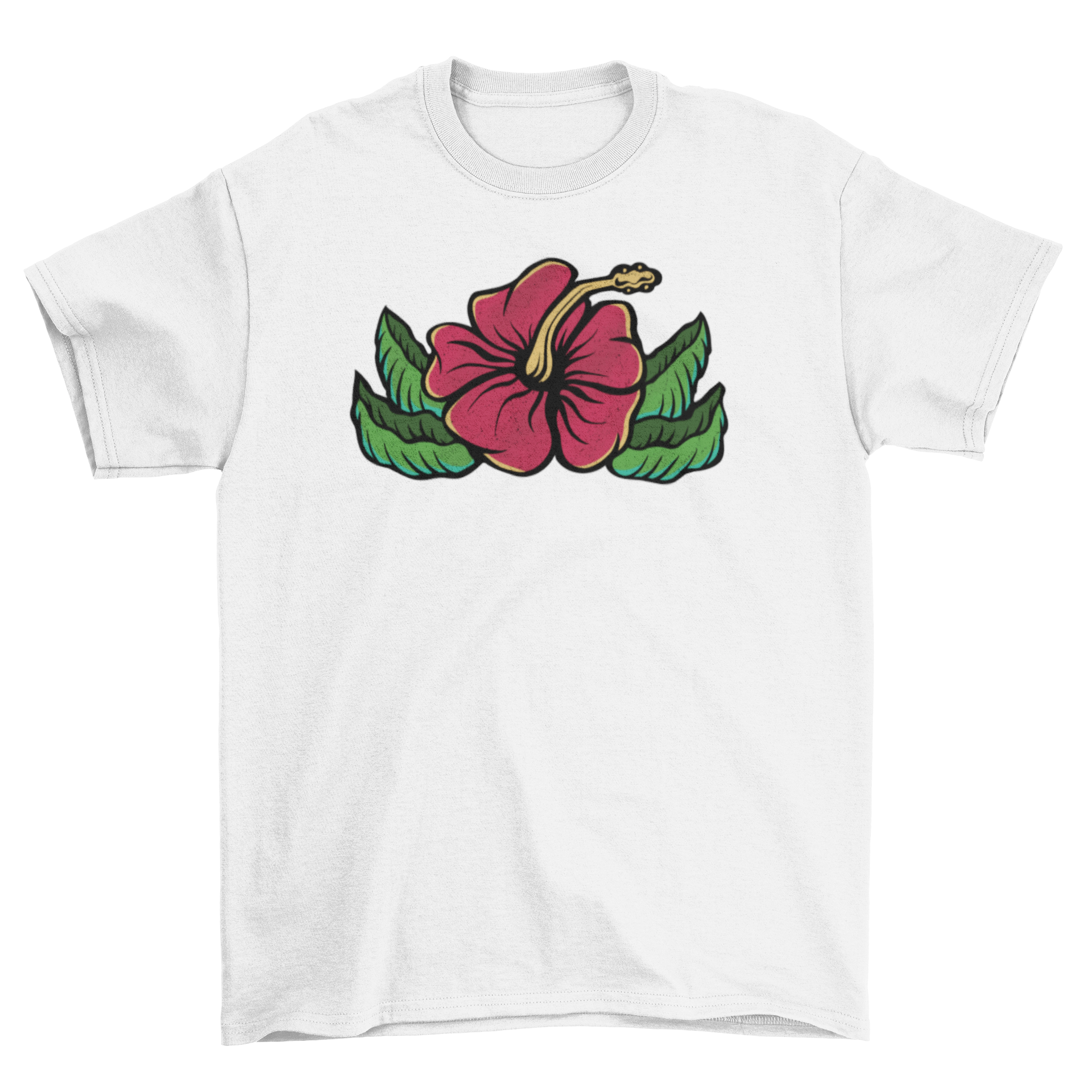 A vibrant t-shirt featuring a detailed hibiscus flower design, showcasing its colorful petals and tropical essence.