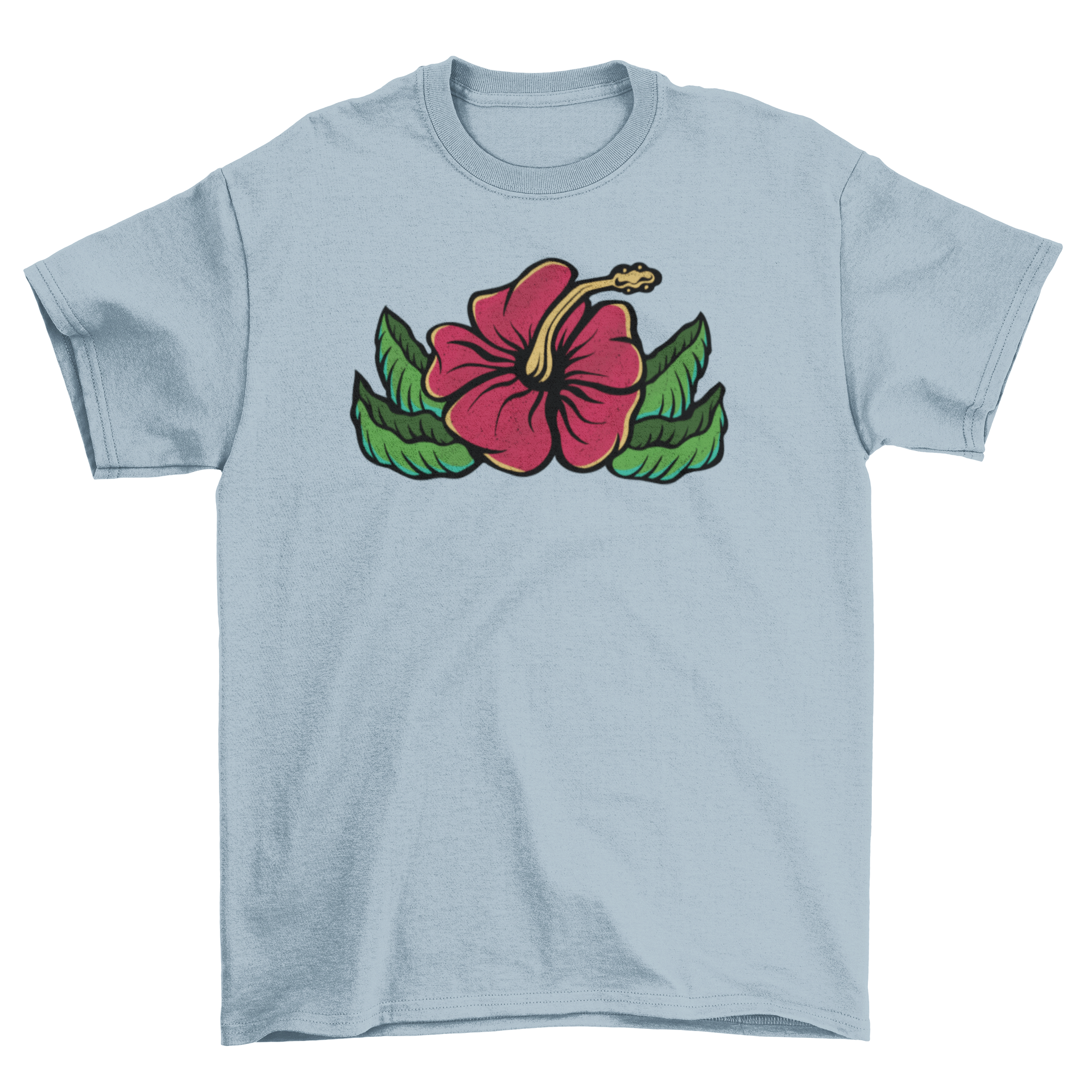 A vibrant t-shirt featuring a detailed hibiscus flower design, showcasing its colorful petals and tropical essence.