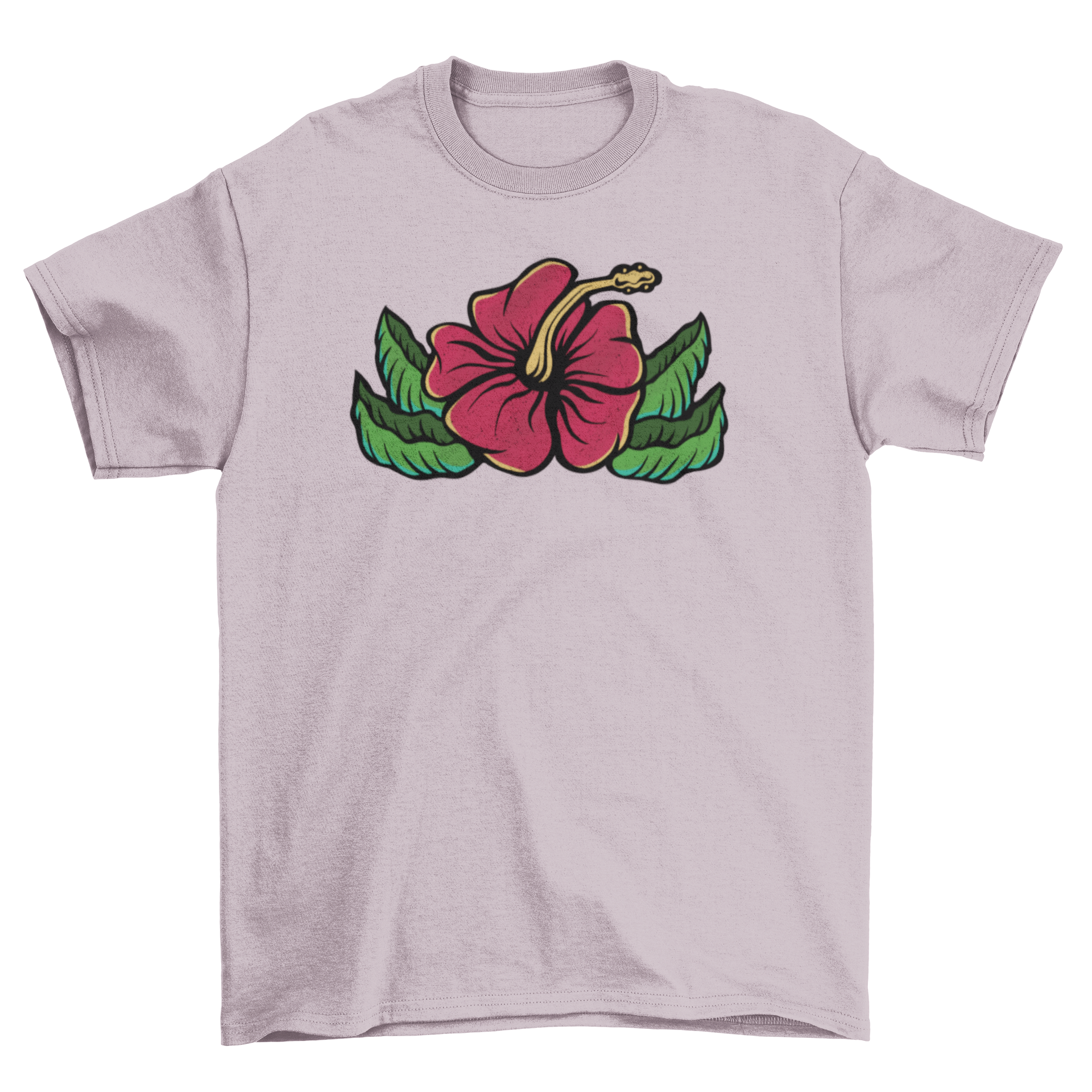 A vibrant t-shirt featuring a detailed hibiscus flower design, showcasing its colorful petals and tropical essence.