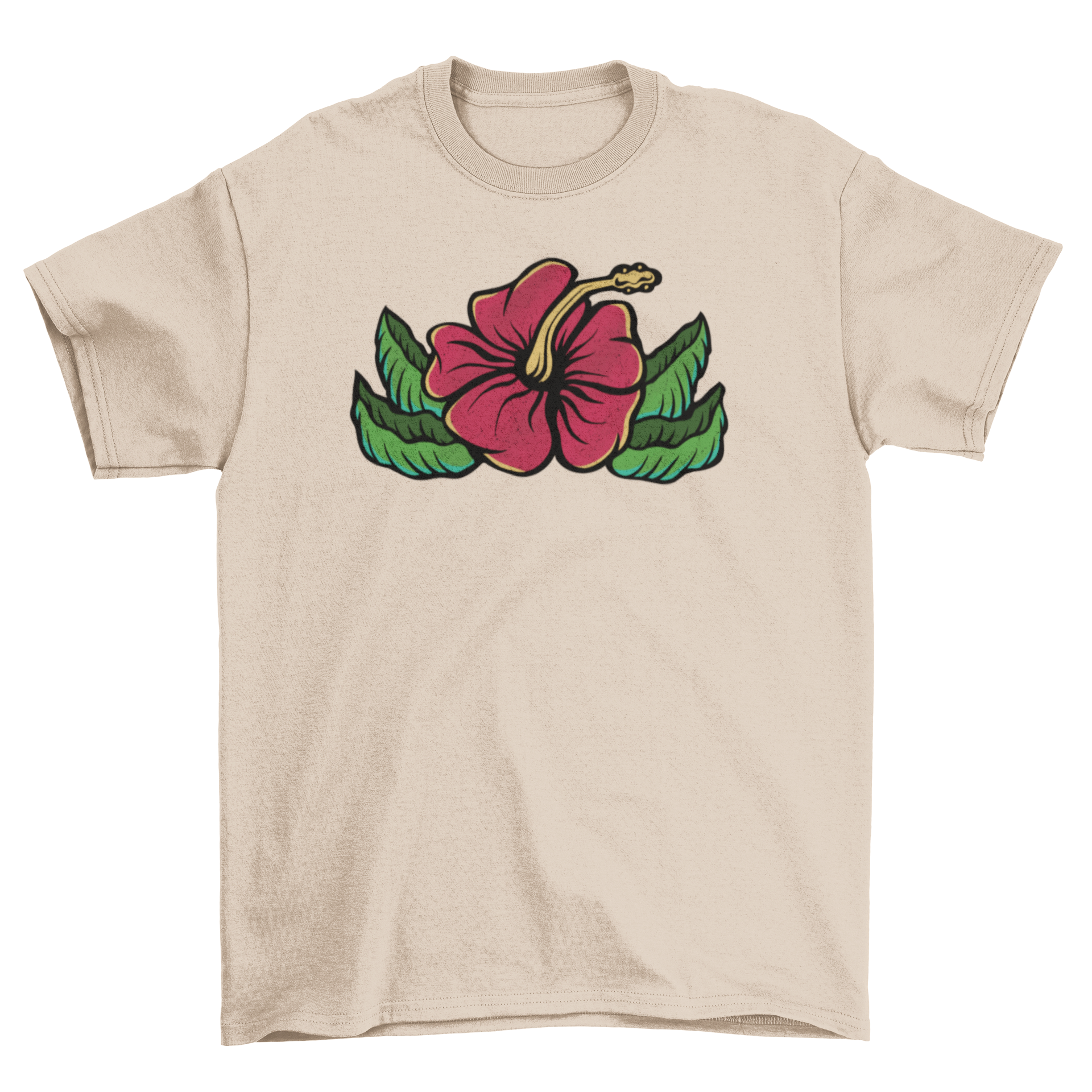 A vibrant t-shirt featuring a detailed hibiscus flower design, showcasing its colorful petals and tropical essence.