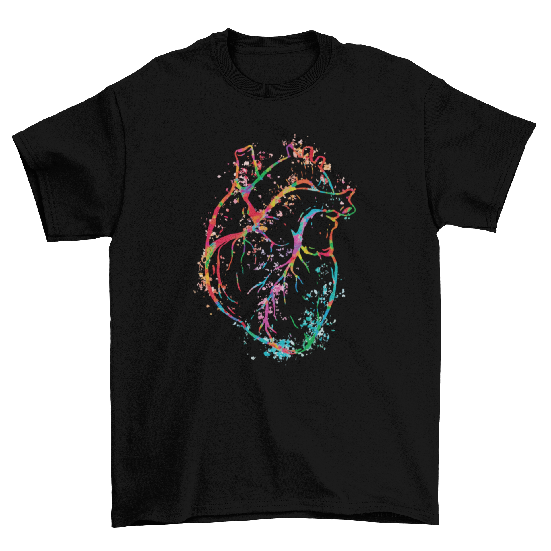 A stylish t-shirt featuring a vibrant watercolor design of a human heart, showcasing artistic flair.