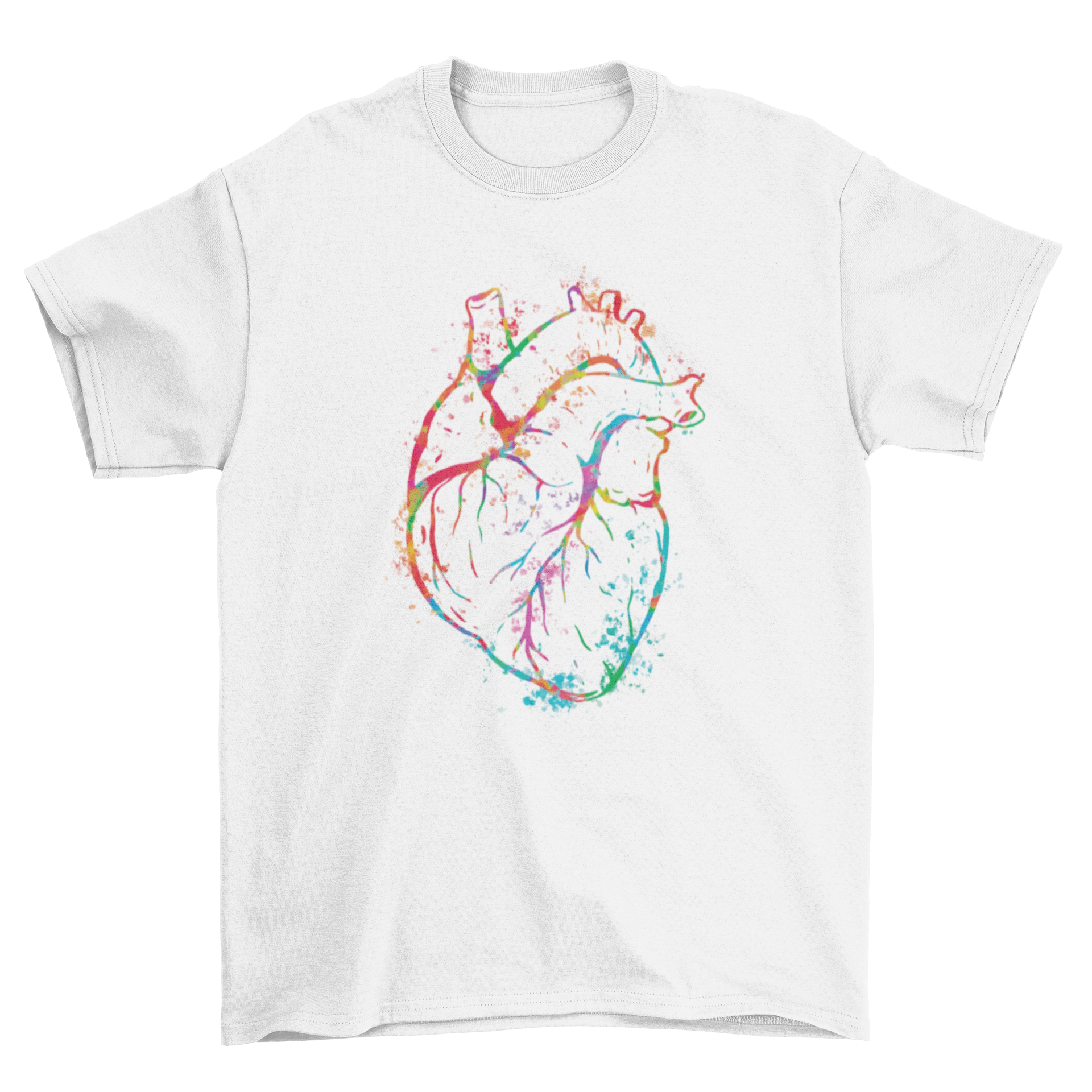 A stylish t-shirt featuring a vibrant watercolor design of a human heart, showcasing artistic flair.