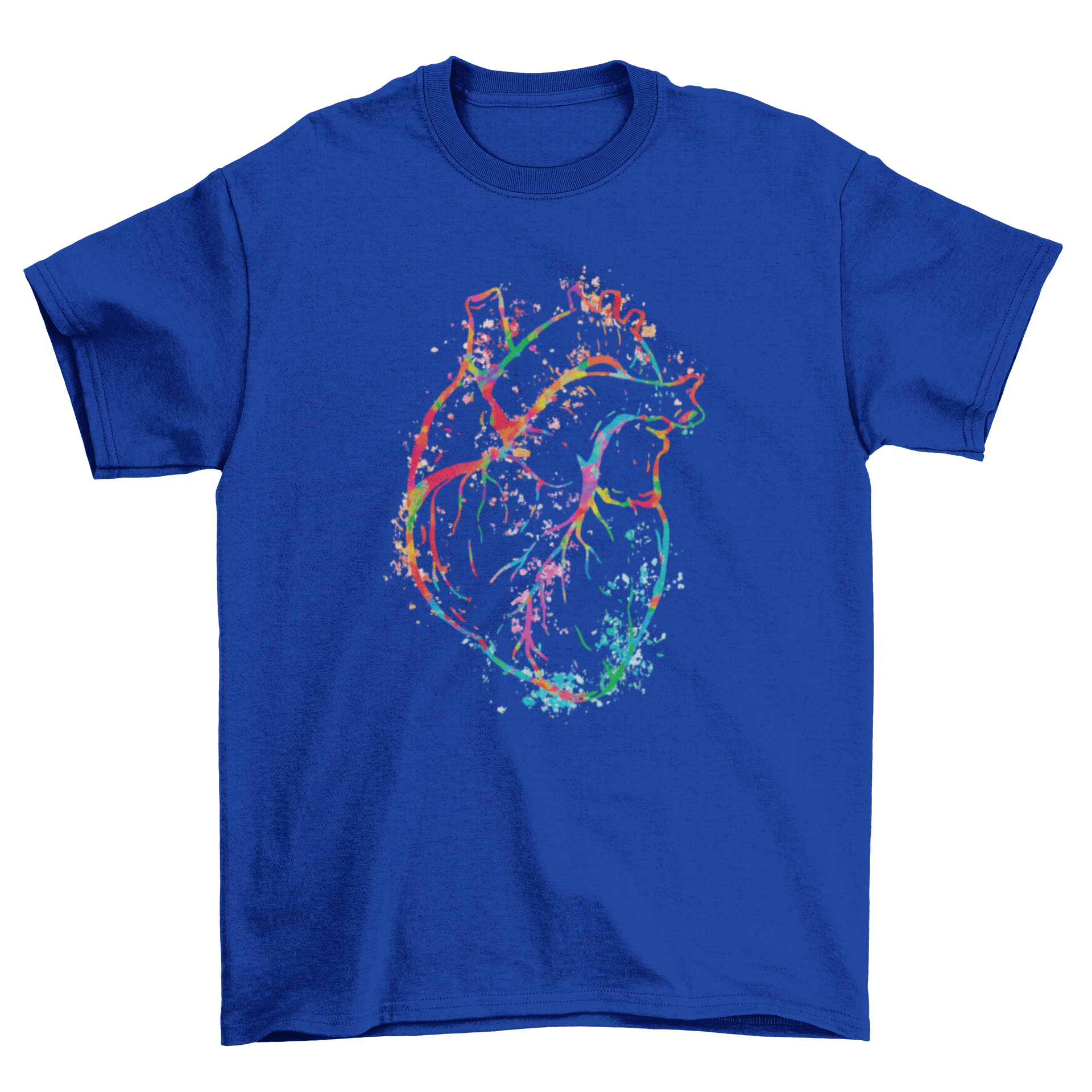 A stylish t-shirt featuring a vibrant watercolor design of a human heart, showcasing artistic flair.