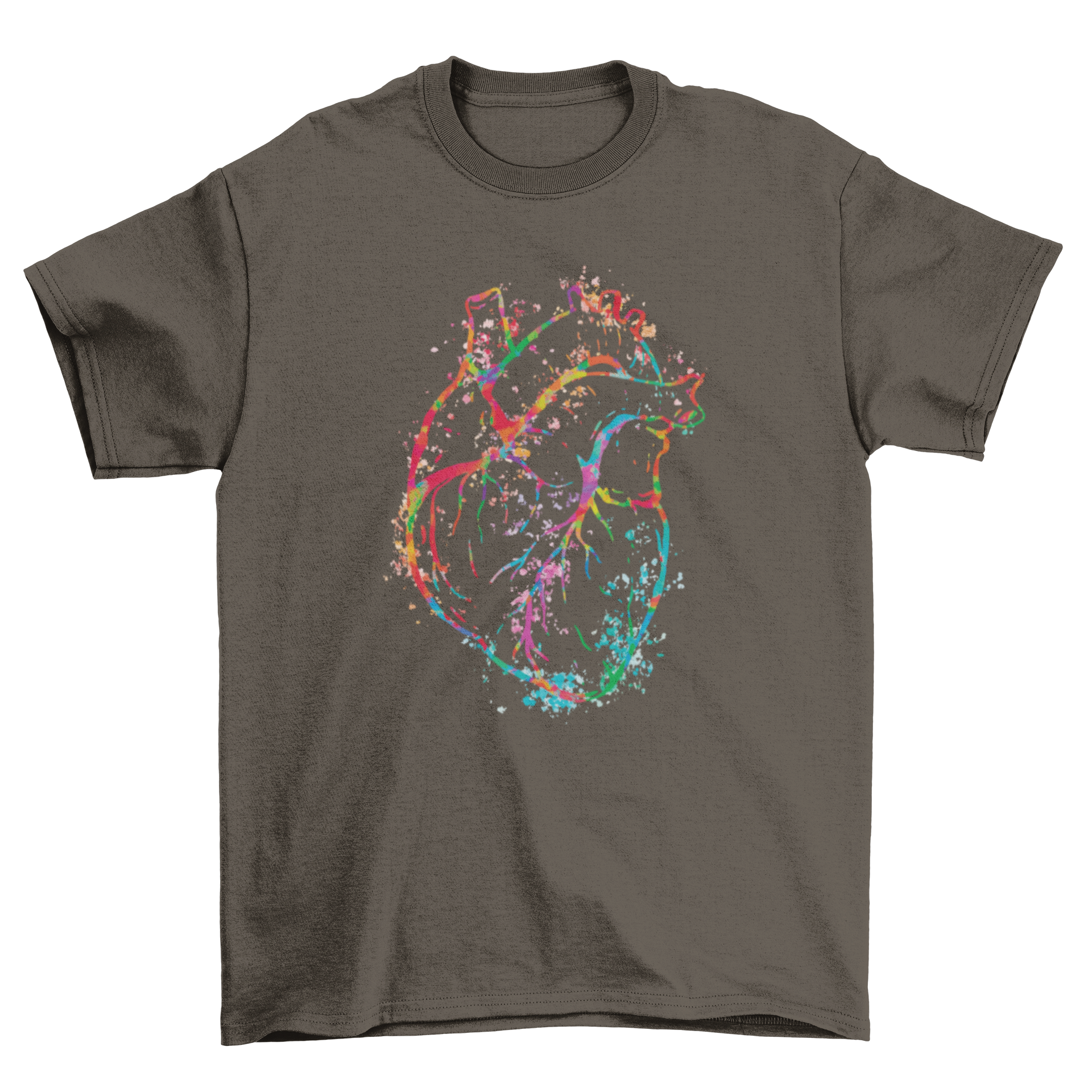 A stylish t-shirt featuring a vibrant watercolor design of a human heart, showcasing artistic flair.