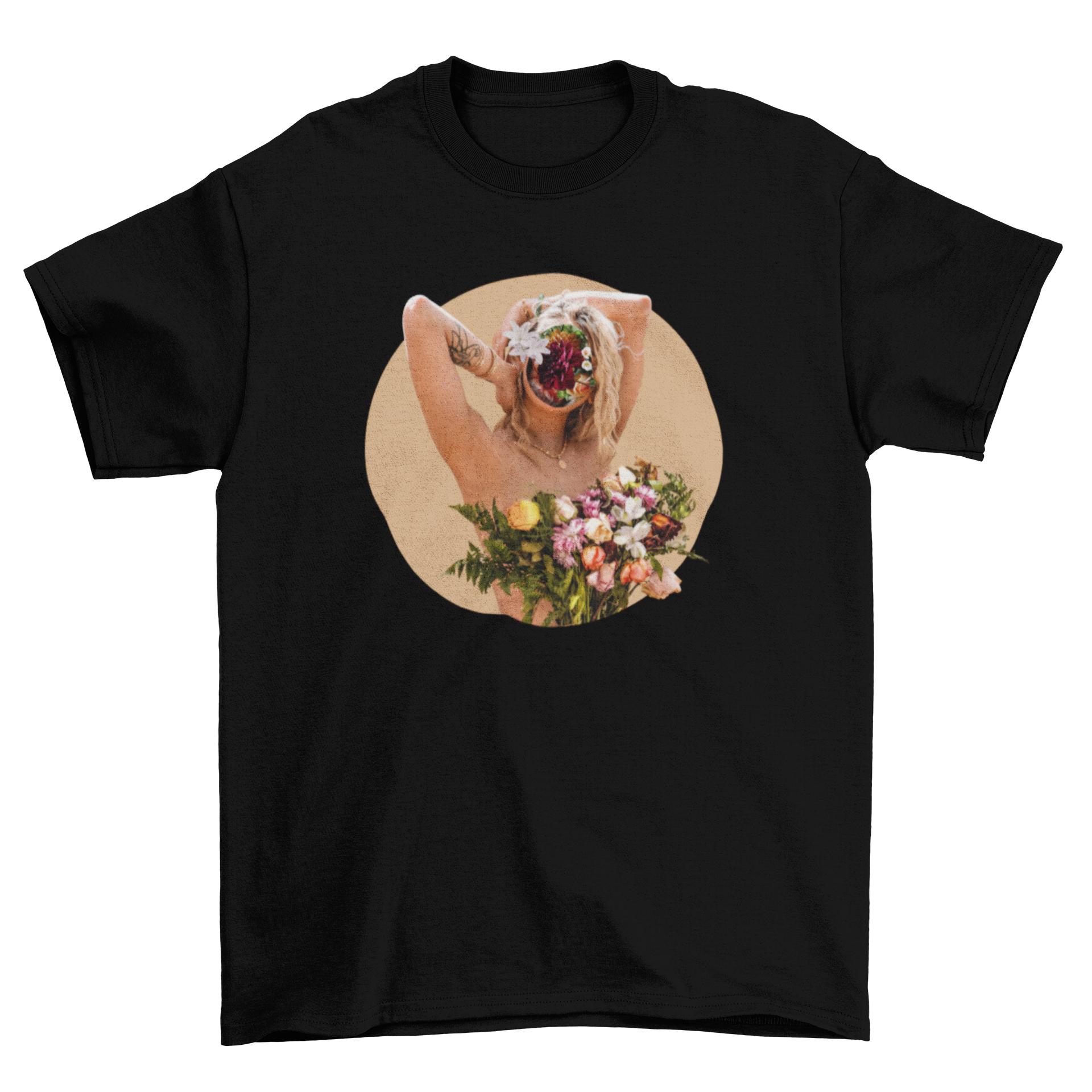 A vibrant t-shirt featuring a photographic collage of a flower girl surrounded by colorful flowers, showcasing artistic design.