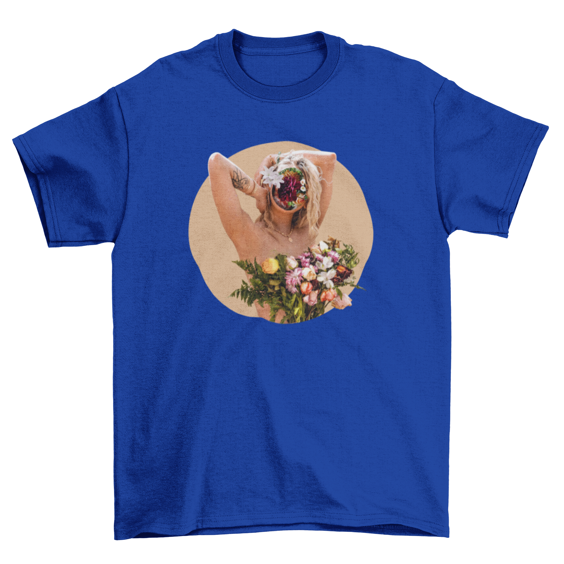 A vibrant t-shirt featuring a photographic collage of a flower girl surrounded by colorful flowers, showcasing artistic design.