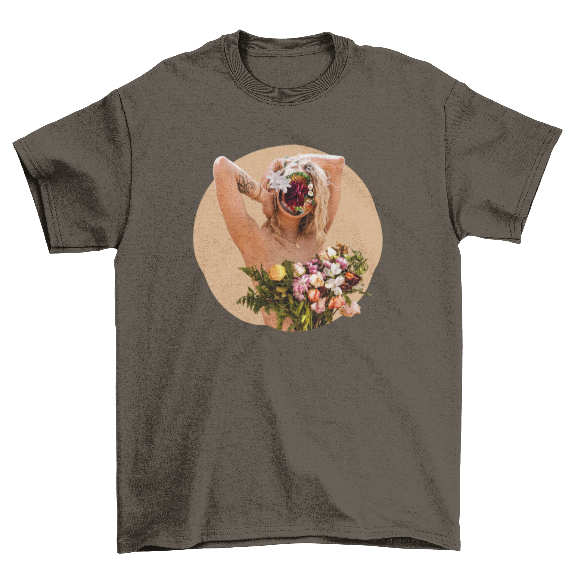 A vibrant t-shirt featuring a photographic collage of a flower girl surrounded by colorful flowers, showcasing artistic design.