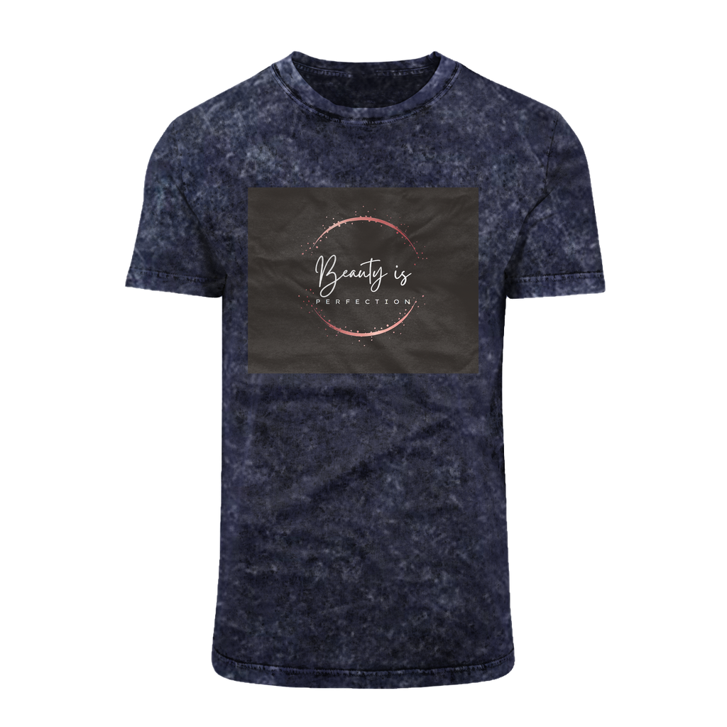 Beauty is Perfection Acid Washed T-Shirt featuring a classic cut, crew neck, and unique batik-like acid wash design.