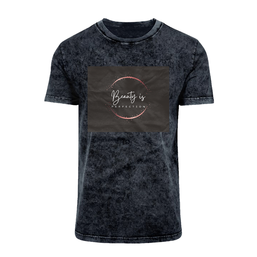 Beauty is Perfection Acid Washed T-Shirt featuring a classic cut, crew neck, and unique batik-like acid wash design.