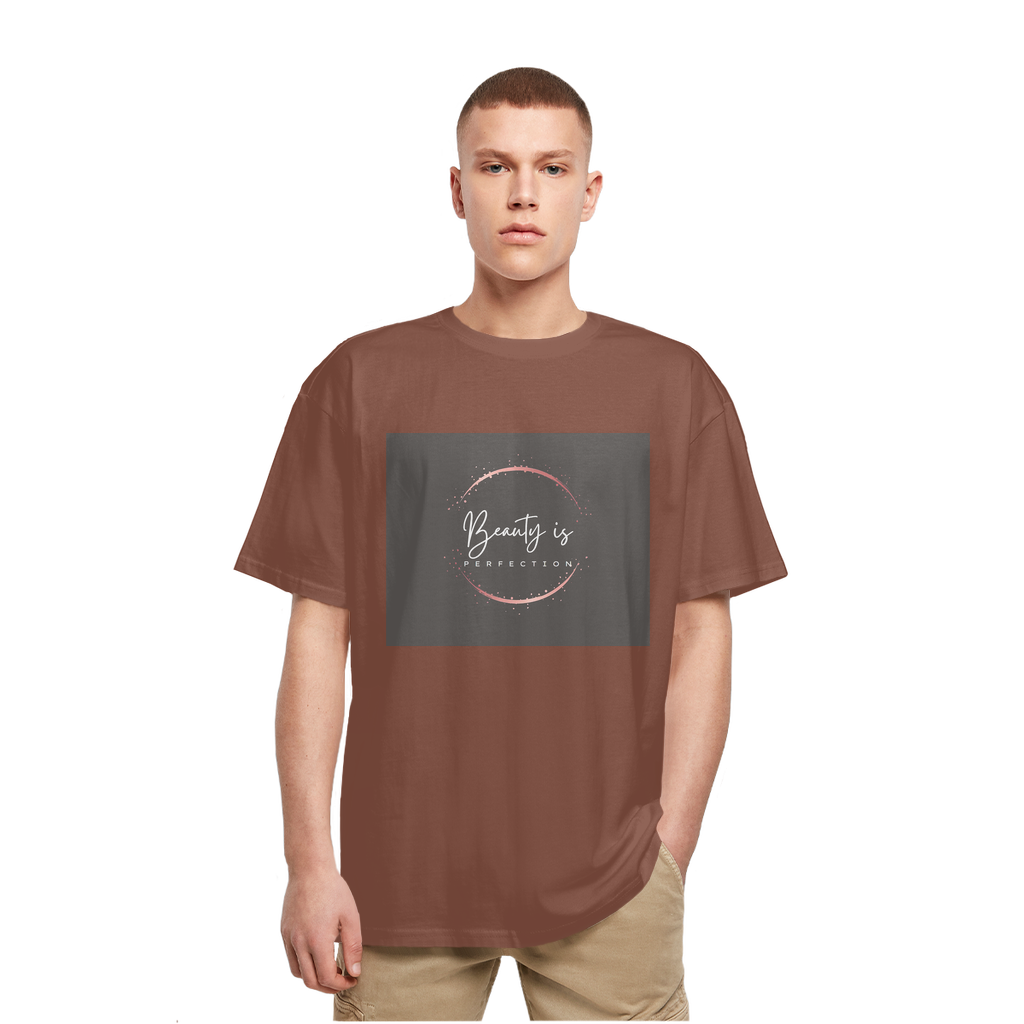 Beauty is Perfection Heavy Oversized T-Shirt in a casual setting, showcasing its relaxed fit and soft cotton fabric.