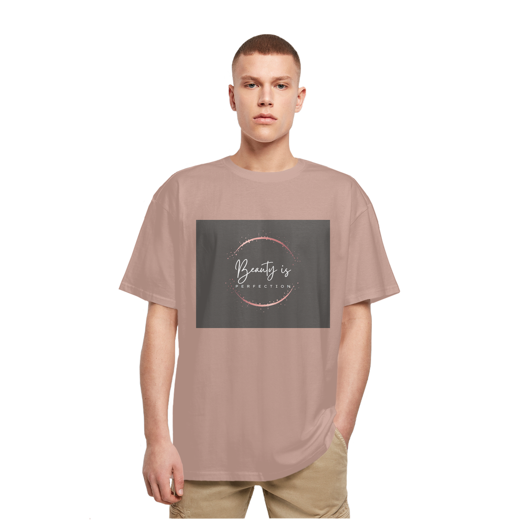 Beauty is Perfection Heavy Oversized T-Shirt in a casual setting, showcasing its relaxed fit and soft cotton fabric.