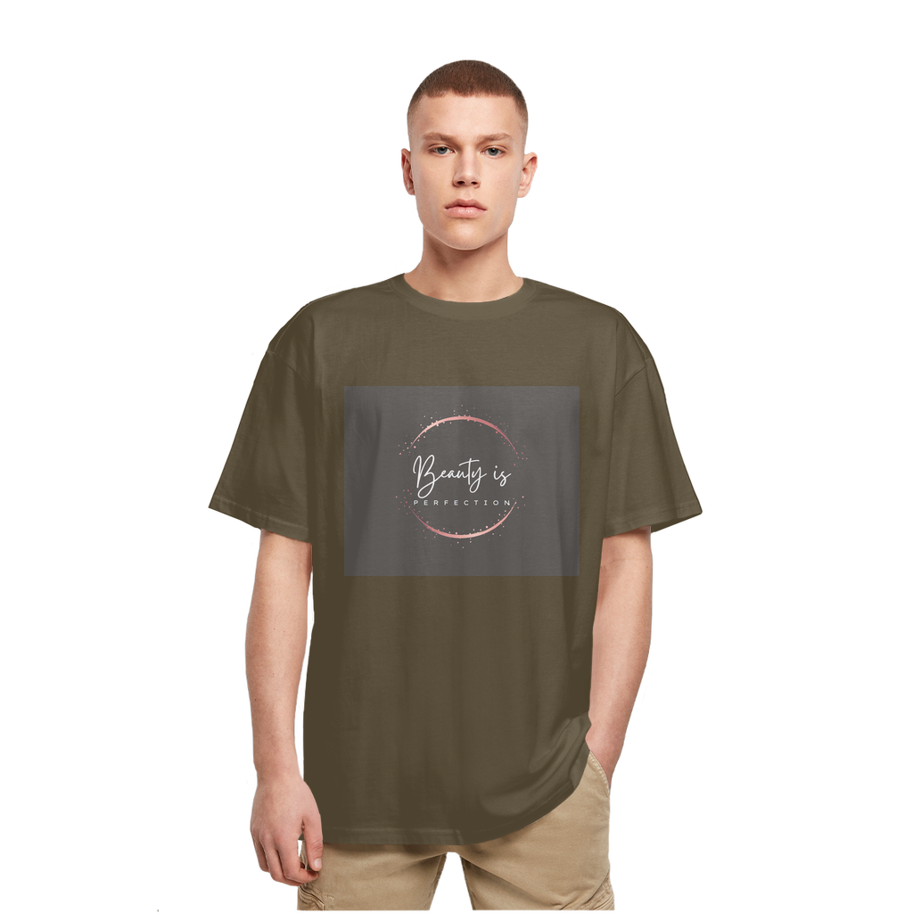 Beauty is Perfection Heavy Oversized T-Shirt in a casual setting, showcasing its relaxed fit and soft cotton fabric.