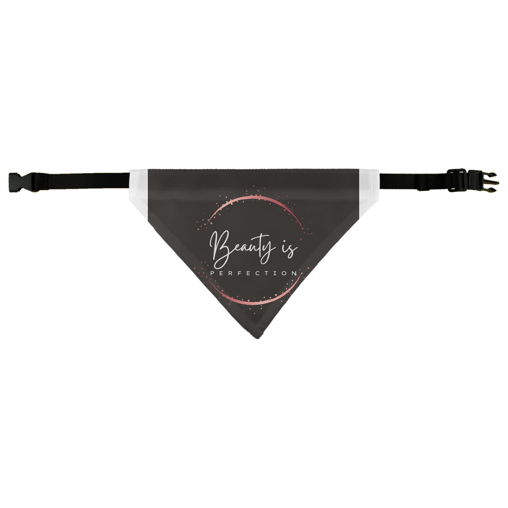 Beauty is Perfection Pet Bandana made of white polyester, featuring an easy fastening strap and a customizable printable area.