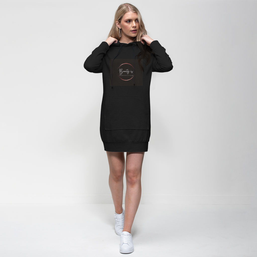 Beauty is Perfection Premium Adult Hoodie Dress featuring a relaxed fit, hood with drawstring, and kangaroo pouch pocket in a stylish design.