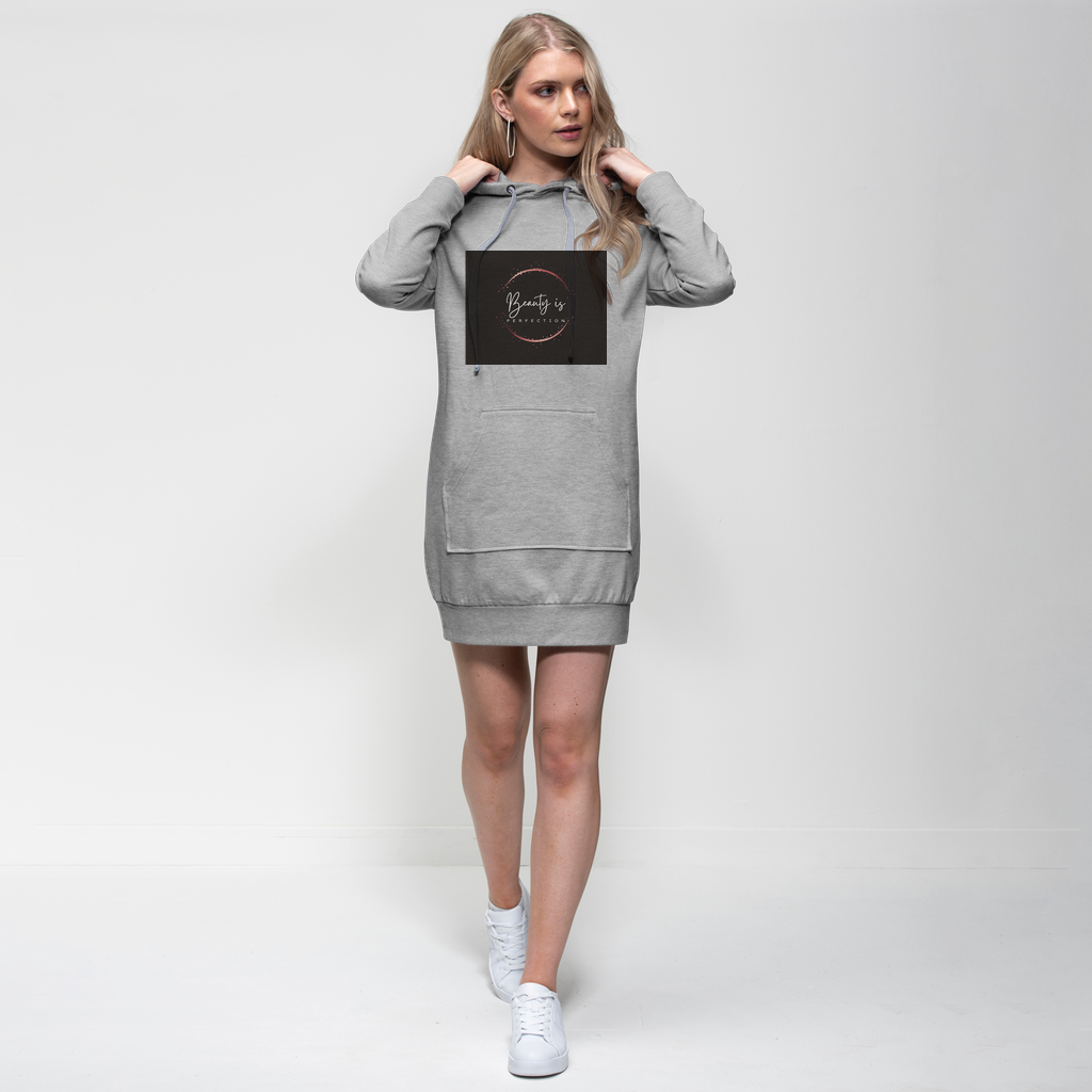 Beauty is Perfection Premium Adult Hoodie Dress featuring a relaxed fit, hood with drawstring, and kangaroo pouch pocket in a stylish design.