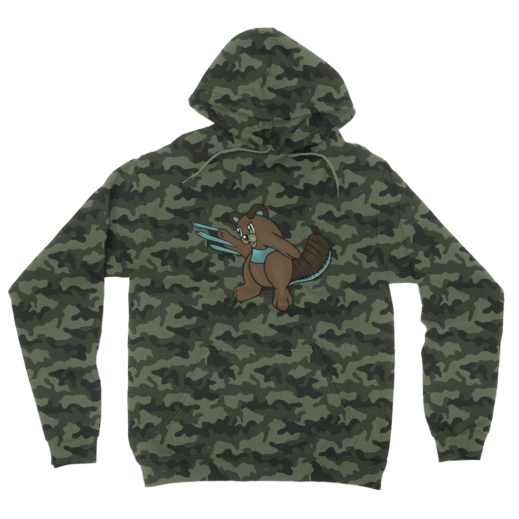 Beaveice Camouflage Adult Hoodie featuring a classic camo print, double fabric hood, and kangaroo pouch pocket.