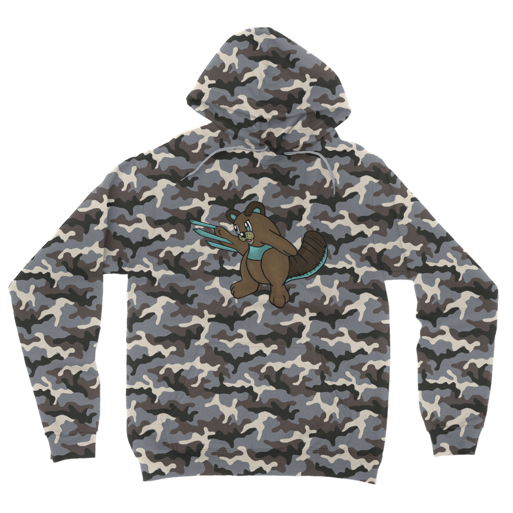 Beaveice Camouflage Adult Hoodie featuring a classic camo print, double fabric hood, and kangaroo pouch pocket.