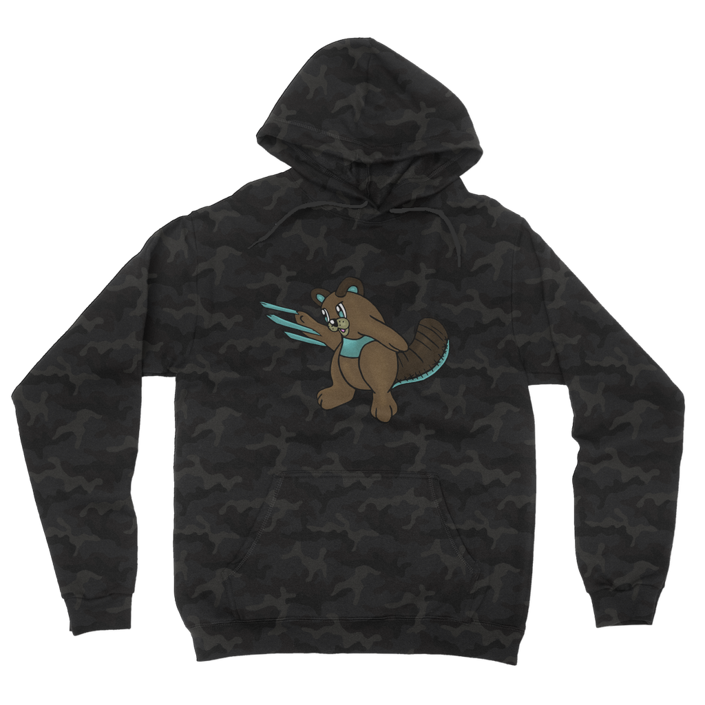 Beaveice Camouflage Adult Hoodie featuring a classic camo print, double fabric hood, and kangaroo pouch pocket.