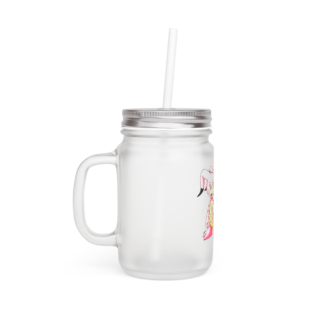 A stylish Bebow Mason Jar made of frosted glass, featuring a straw and lid, perfect for personalized drinks.