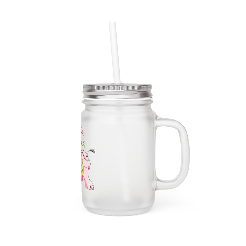 A stylish Bebow Mason Jar made of frosted glass, featuring a straw and lid, perfect for personalized drinks.