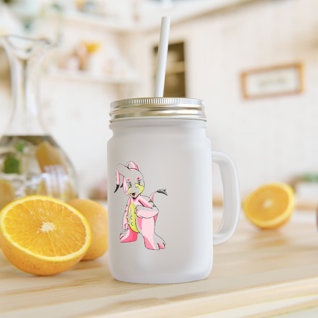 A stylish Bebow Mason Jar made of frosted glass, featuring a straw and lid, perfect for personalized drinks.