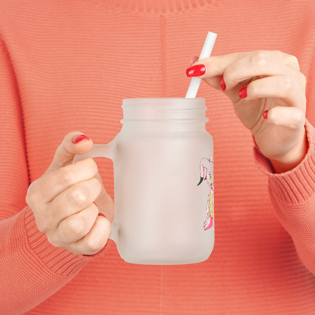 A stylish Bebow Mason Jar made of frosted glass, featuring a straw and lid, perfect for personalized drinks.