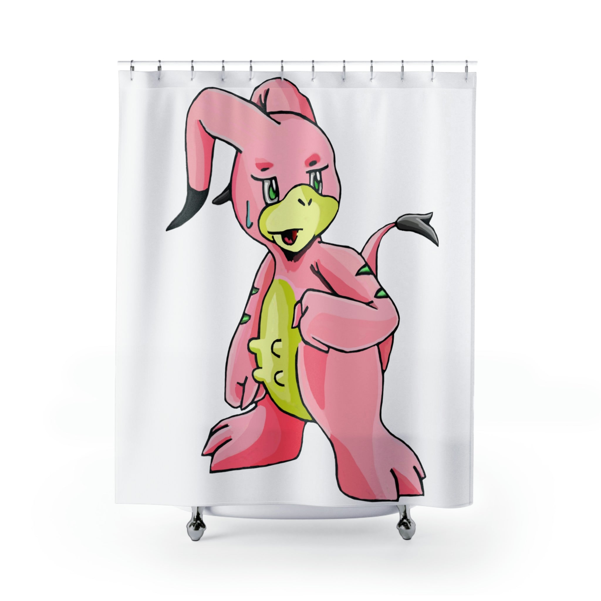 Bebow Shower Curtain featuring vibrant custom designs, made from durable polyester material, hanging in a modern bathroom setting.