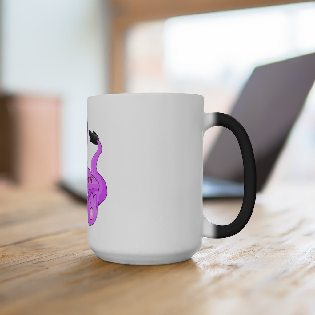 Beboxu Color Changing Mug displaying vibrant colors when filled with hot liquid, featuring a white ceramic design and a comfortable C-handle.