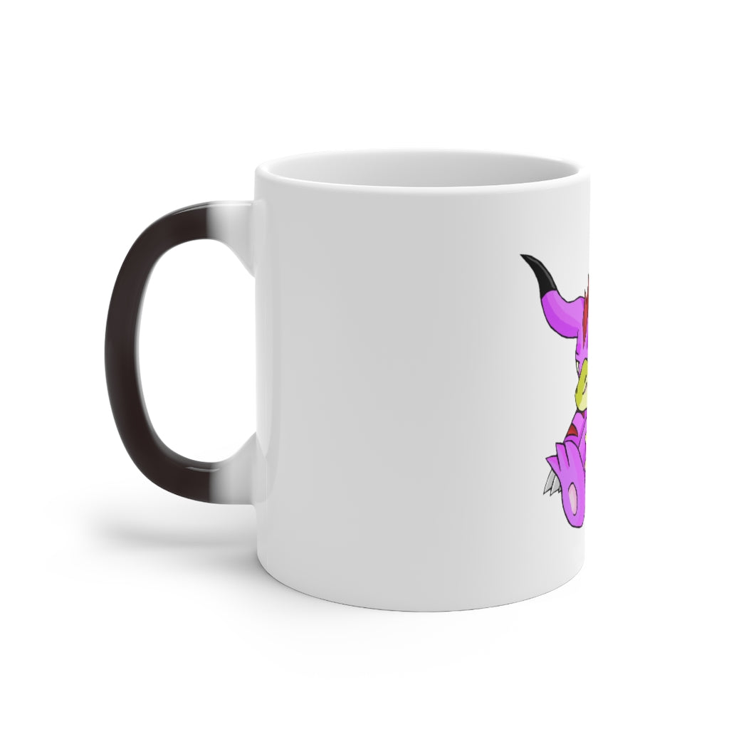 Beboxu Color Changing Mug displaying vibrant colors when filled with hot liquid, featuring a white ceramic design and a comfortable C-handle.