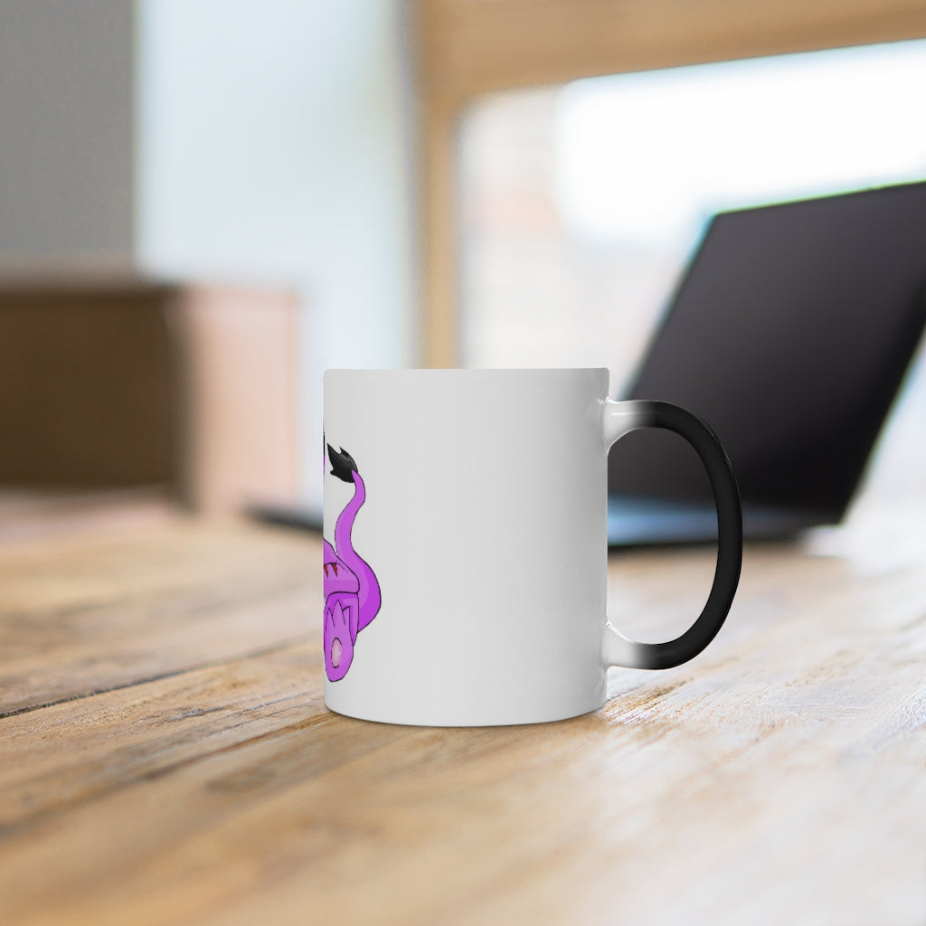 Beboxu Color Changing Mug displaying vibrant colors when filled with hot liquid, featuring a white ceramic design and a comfortable C-handle.